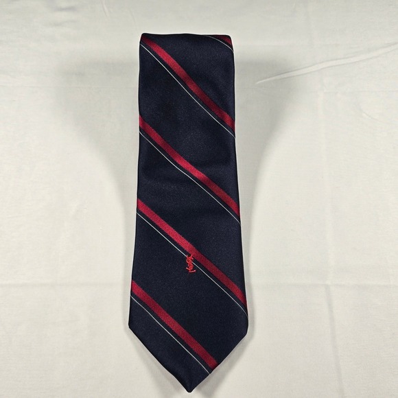 Silk Tie Yves Saint Laurent Mens Navy Blue Red Striped YSL Logo Necktie Designer